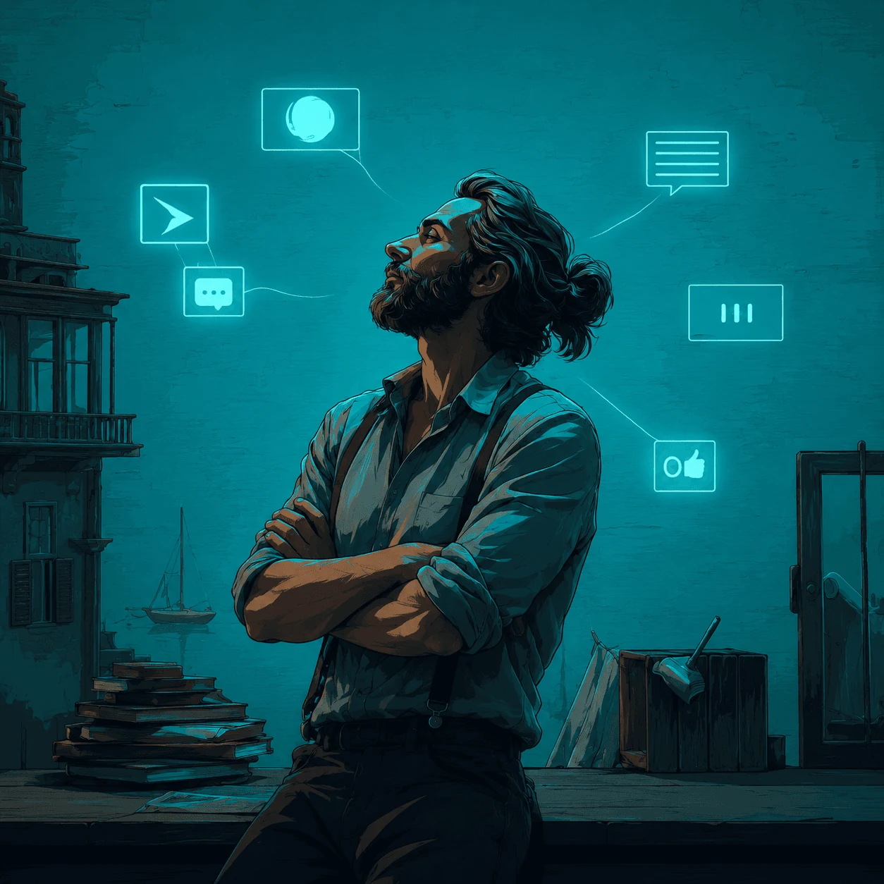 Illustration of a man looking beyond the digital demands around him