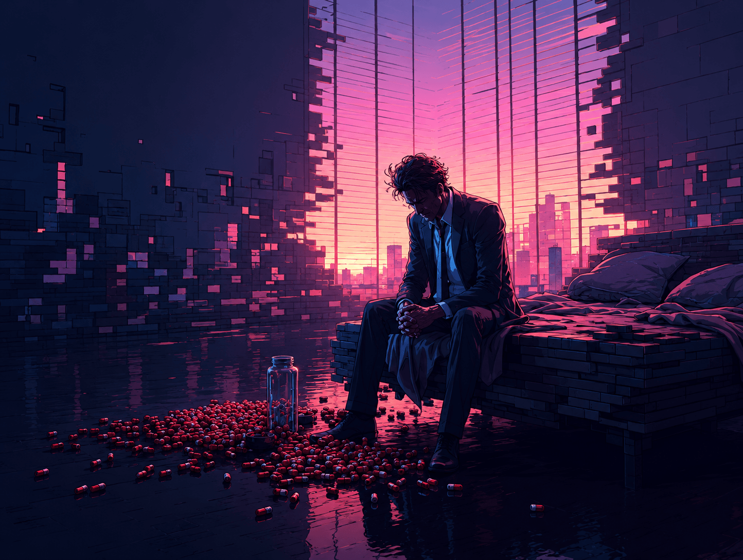 Conceptual illustration for the red pill hangover