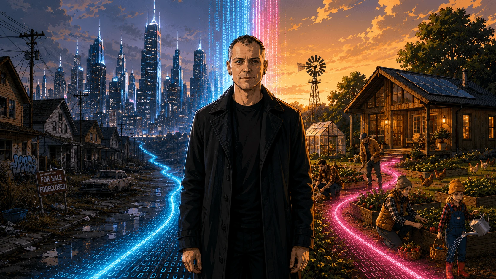 Illustration of Joshua between a digital city and a thriving homestead community