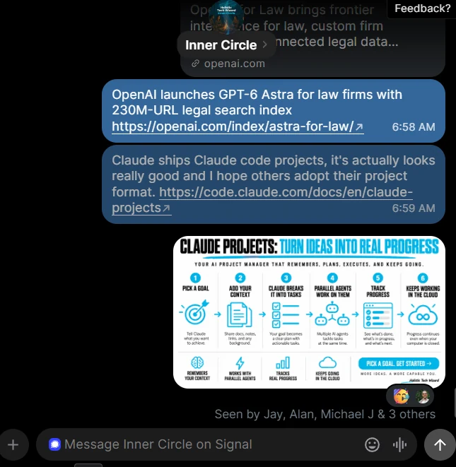 Daily Inner Circle tech updates with a visual explainer of Claude Projects.