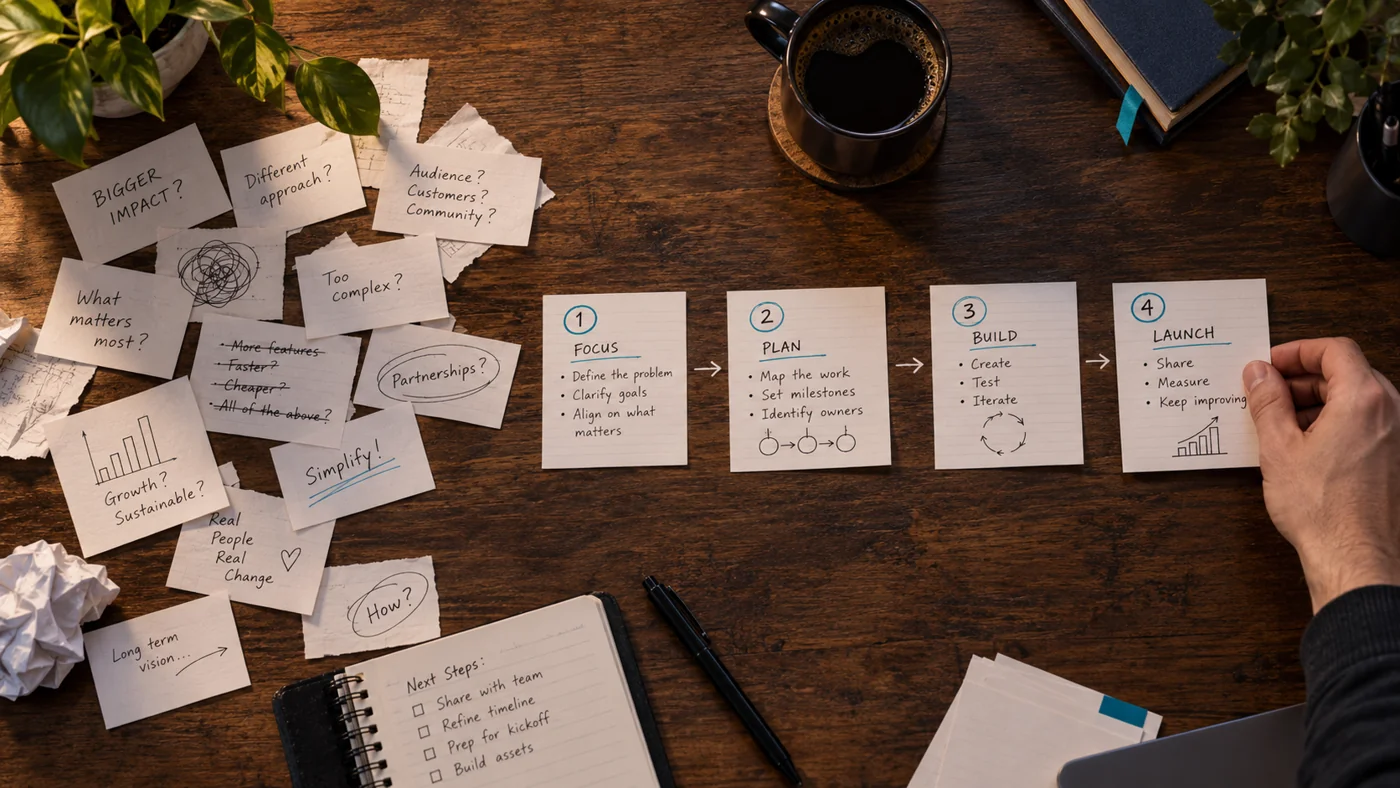 Planning cards organized into Focus, Plan, Build, and Launch