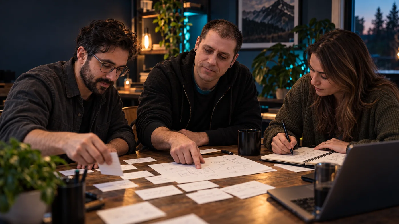 Joshua working through a plan with two people at a table